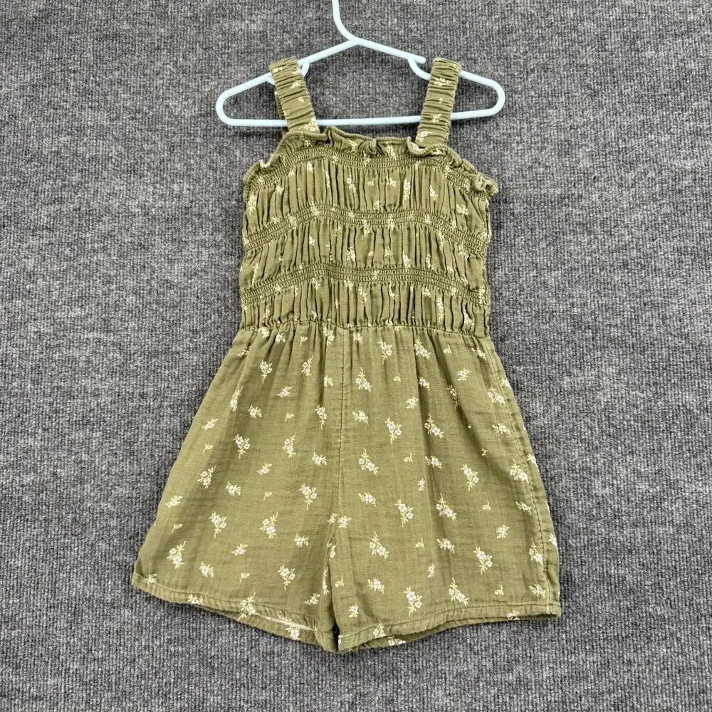 Old Navy Girls Smocked Sleeveless Romper Size 5T Green Gauzy Ditsy Foral